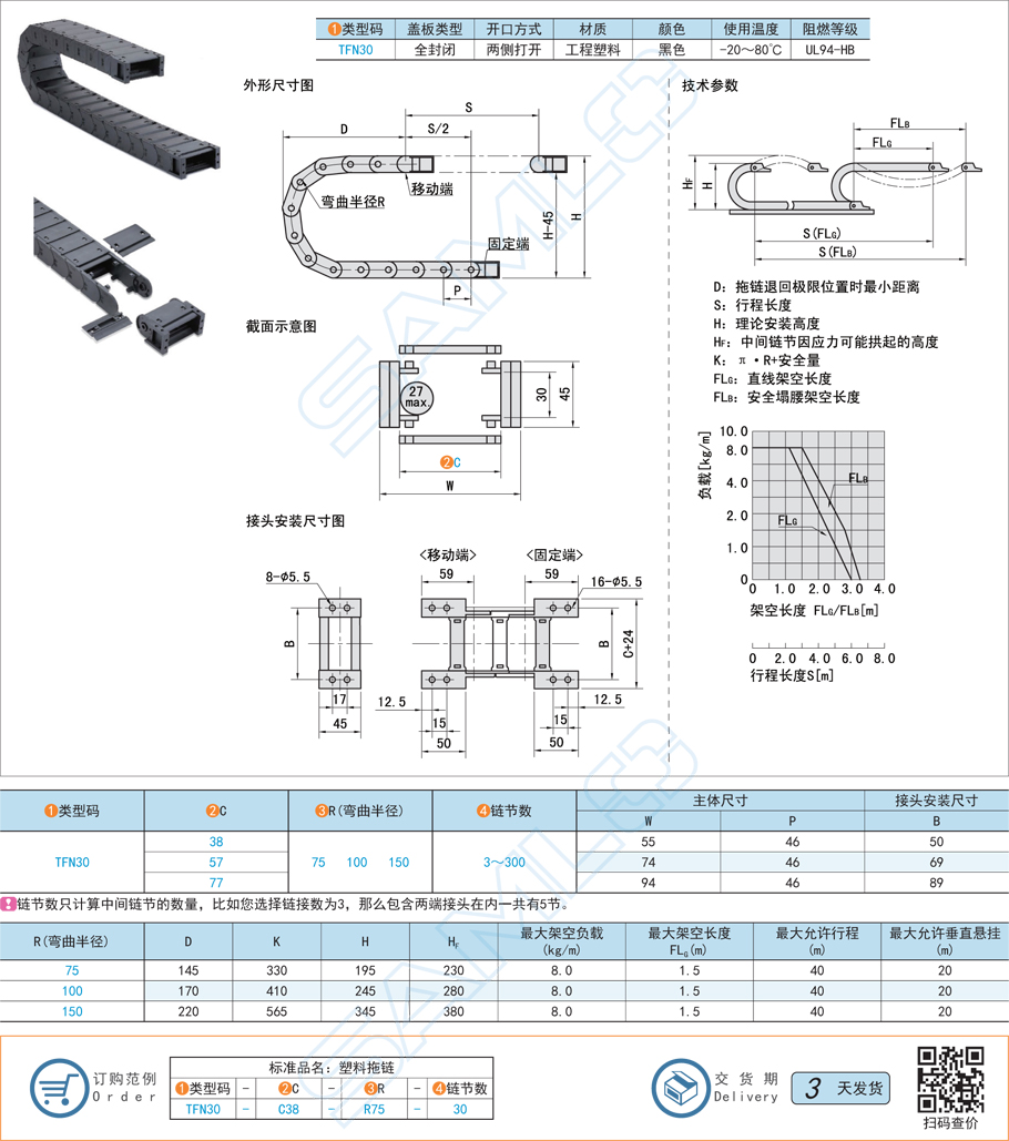 拖鏈-坦克鏈-電纜保護(hù)鏈內(nèi)高30全封閉兩側(cè)打開型規(guī)格參數(shù)尺寸