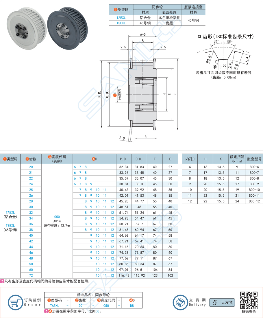 免鍵同步帶輪-XL型規(guī)格參數(shù)