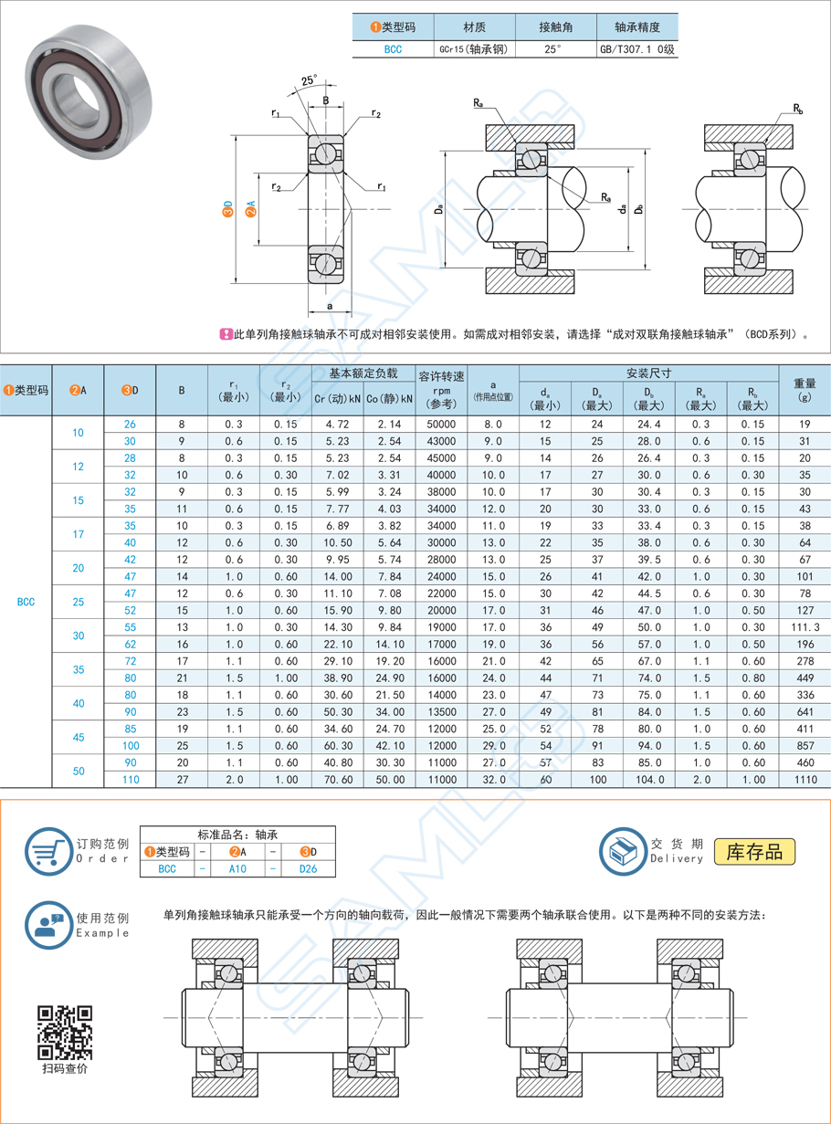 單列角接觸球軸承BCC規(guī)格參數(shù)尺寸材質(zhì)