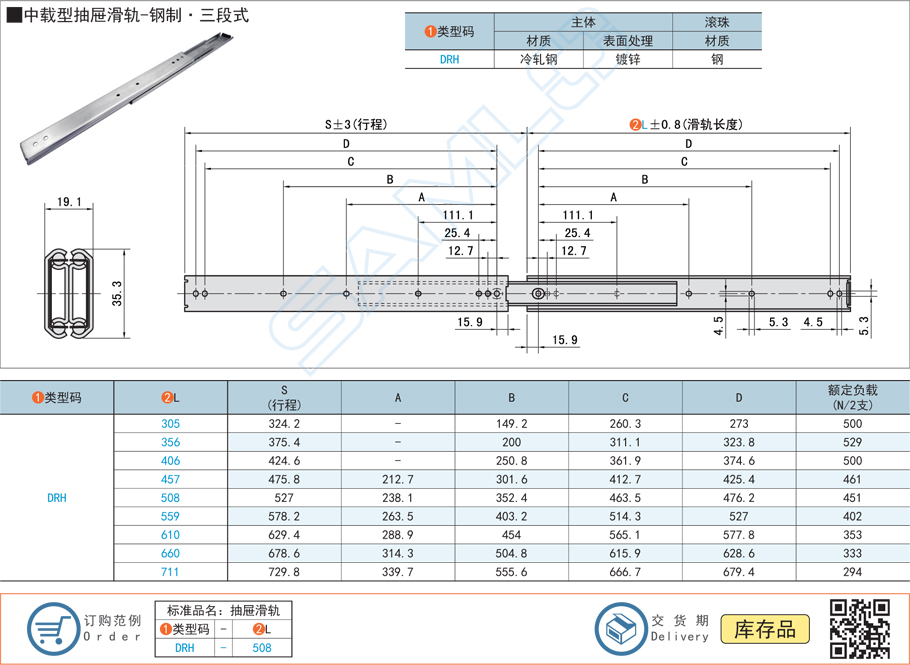 中載型抽屜工業(yè)滑軌-鋼制三段式導(dǎo)軌規(guī)格參數(shù)尺寸材質(zhì)