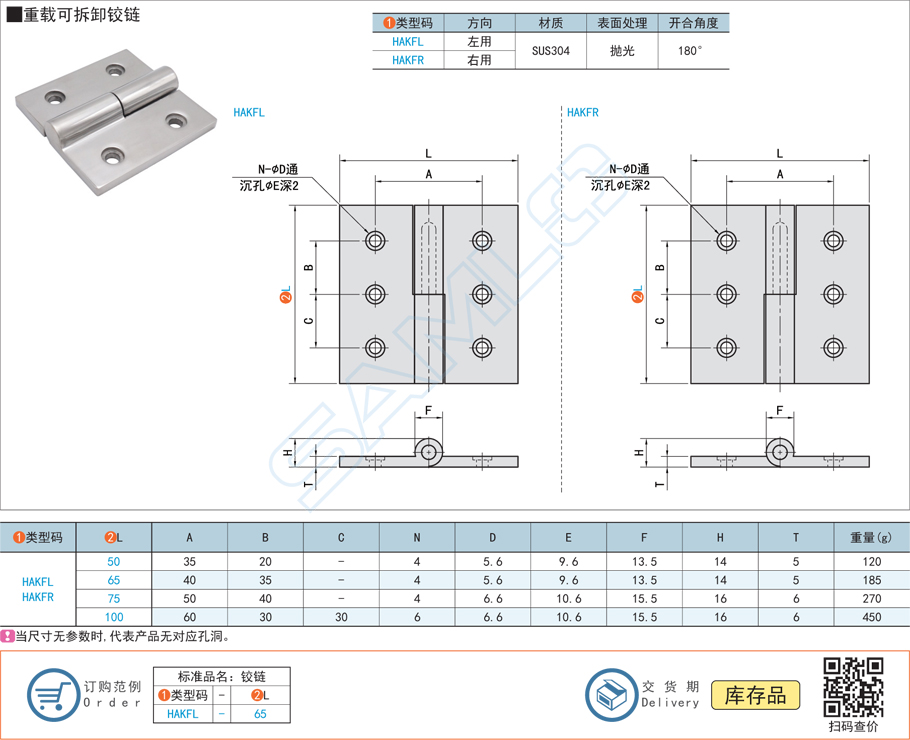 重載可拆卸鉸鏈合頁HAKFL規(guī)格參數尺寸材質