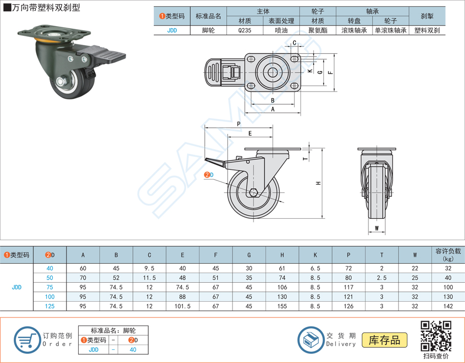 中載型腳輪-萬向帶塑料雙剎型規(guī)格參數(shù)尺寸材質(zhì)