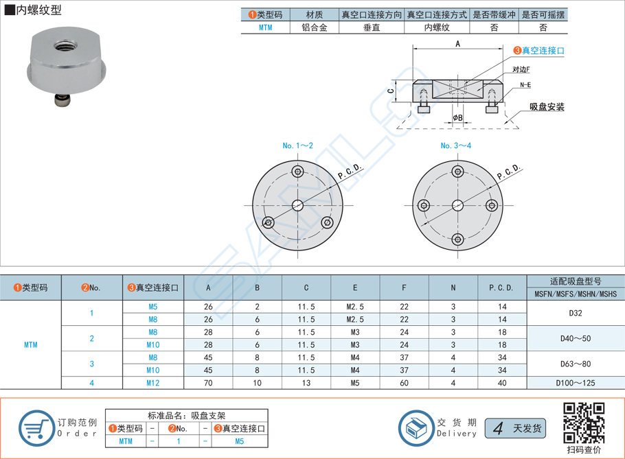 重載真空吸盤支架-垂直真空口不帶緩沖型規(guī)格參數尺寸