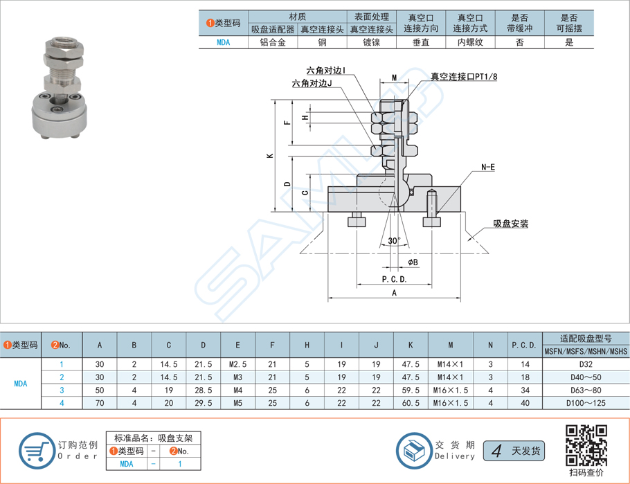 重載搖擺型吸盤支架-垂直真空口不帶緩沖型規(guī)格參數(shù)尺寸